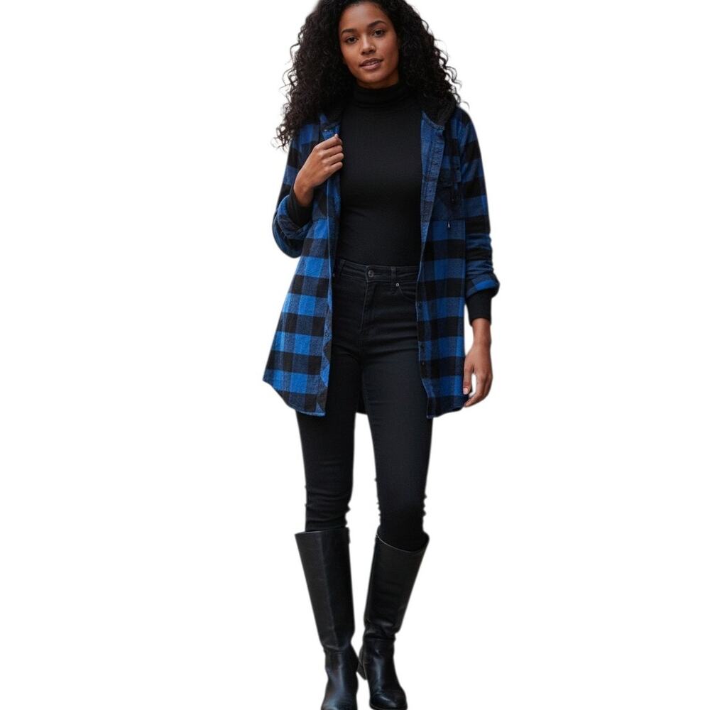 Adam Levine Women's Flannel Button Up Hoodie Top, Blue Black